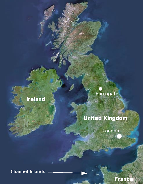 Location of Harrogate and Channel Islands in UK