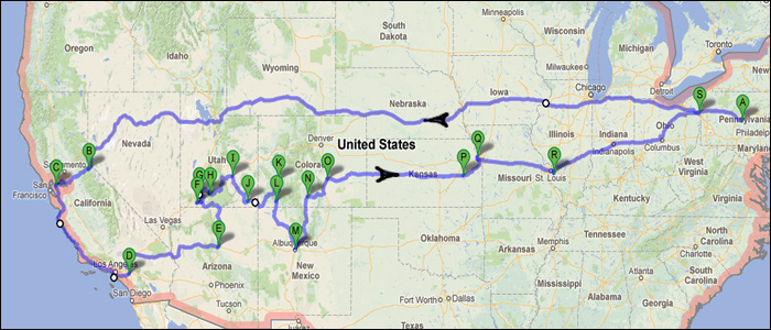 Approximate route across USA