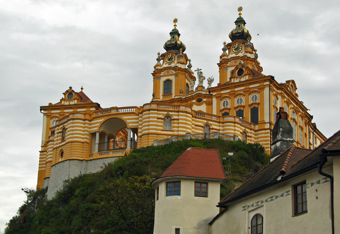 Looking up at abbey from town