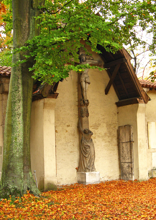 Fall colors and Crucifixion scene