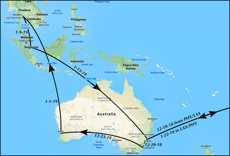 Map of our trip to Australia, Thailand and Singapore